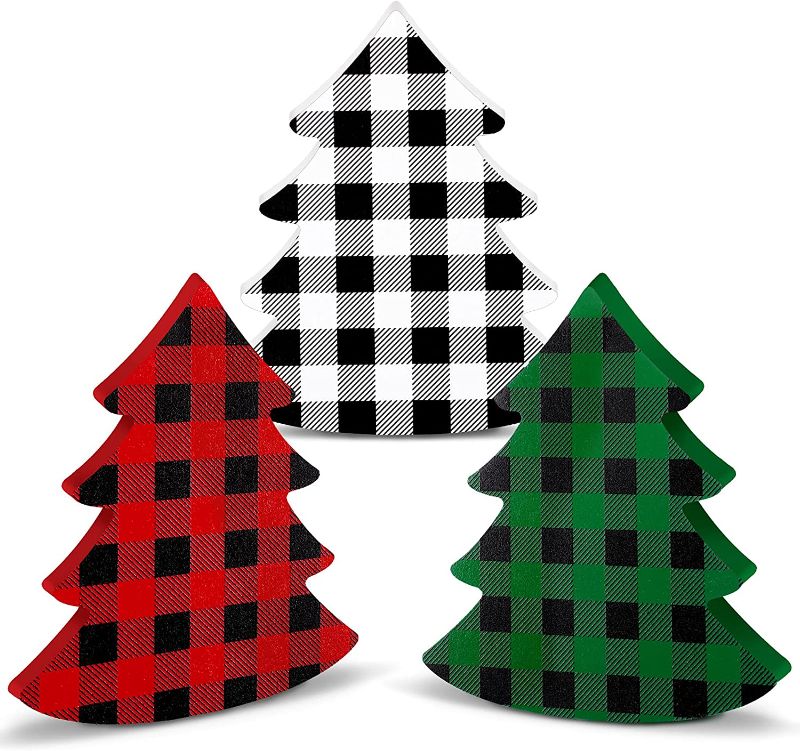 Photo 1 of 3 Pieces Buffalo Plaid Tiered Tray Decor Wooden Christmas Tree Shape Tabletop Decor Rustic Wood Centerpiece Christmas Signs 