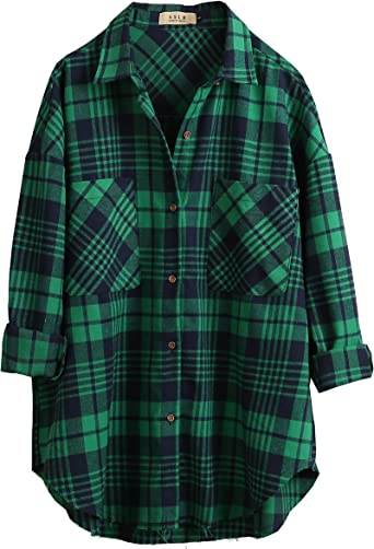 Photo 1 of [Size L] SSLR-Flannel-Shirts-for-Women-Shacket Jacket Oversized Button Down Shirts Plaid Long Sleeve Causal 