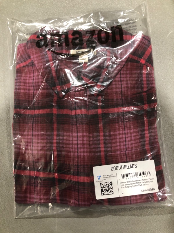 Photo 2 of [Size M] Goodthreads Women's Flannel Long-Sleeve Relaxed-Fit Half Placket Popover Shirt Medium Burgundy, Scottish Plaid