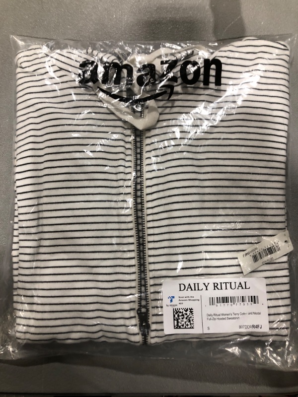 Photo 2 of [Size S] Daily Ritual Women's Terry Cotton and Modal Full-Zip Hooded Sweatshirt Small White/Black, Stripe