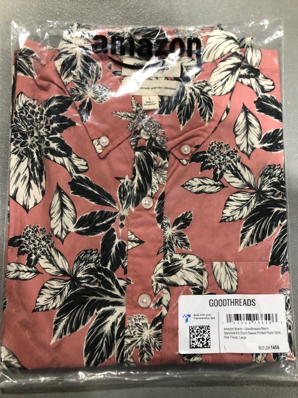 Photo 2 of [Size L] Goodthreads Men's Standard-Fit Short-Sleeve Printed Poplin Shirt - Pink, Floral Print