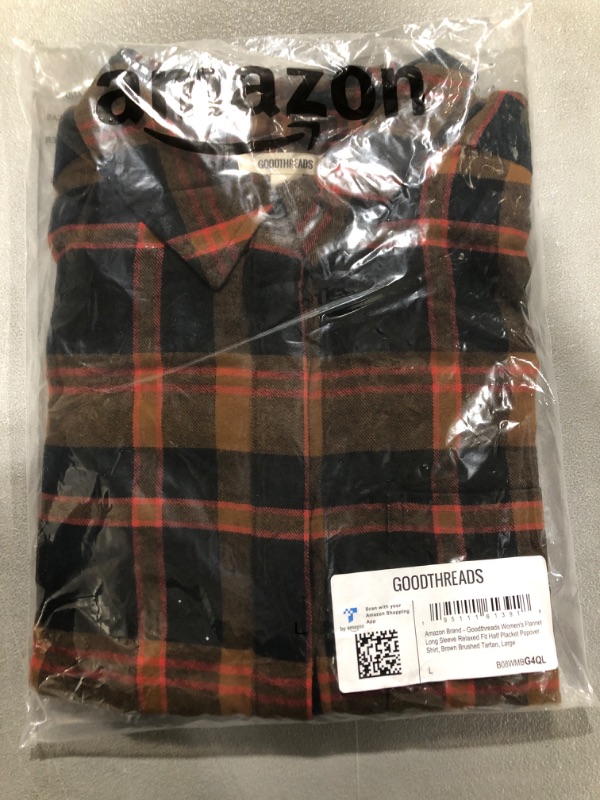 Photo 1 of [Size L] Goodthreads Women's Flannel Long-Sleeve Relaxed-Fit Half Placket Popover Shirt Large Brown, Tartan