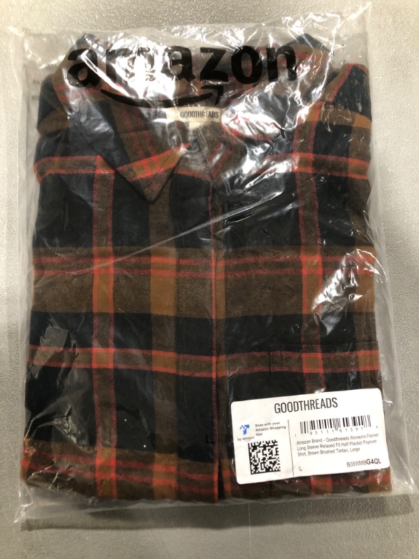 Photo 2 of [Size L] Goodthreads Women's Flannel Long-Sleeve Relaxed-Fit Half Placket Popover Shirt Large Brown, Tartan