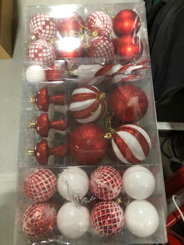 Photo 2 of 124 Pcs Christmas Ball Ornaments Set, Shatterproof Christmas Balls Decorations, Assorted Decorative Hanging Christmas Tree Ornaments Baubles for Party Holiday Decor- Red White 