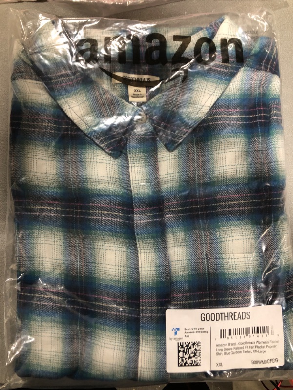 Photo 2 of [Size 2XL] Goodthreads Women's Flannel Long-Sleeve Relaxed-Fit Half Placket Popover Shirt XX-Large Blue, Gradient/Tartan