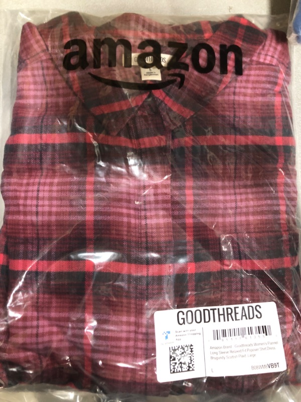 Photo 2 of [Size L] Goodthreads Women's Brushed Flannel Long-Sleeve Relaxed-Fit Popover Shirt Dress -Burgundy, Scottish Plaid