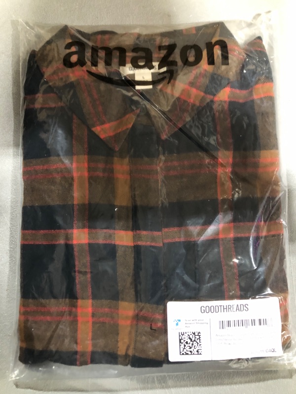 Photo 2 of [Size L] Goodthreads Women's Flannel Long-Sleeve Relaxed-Fit Half Placket Popover Shirt Large Brown, Tartan
