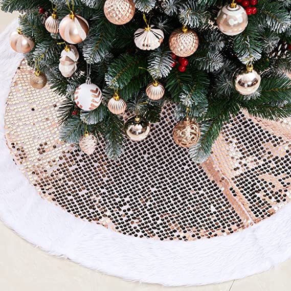 Photo 1 of 48 Inch Rose Gold Christmas Tree Skirt, Glitter Sequin Tree Skirt with Faux Fur Edge, Double Layers Round Xmas Tree Mat for Christmas Tree Decoration - Rose Gold 