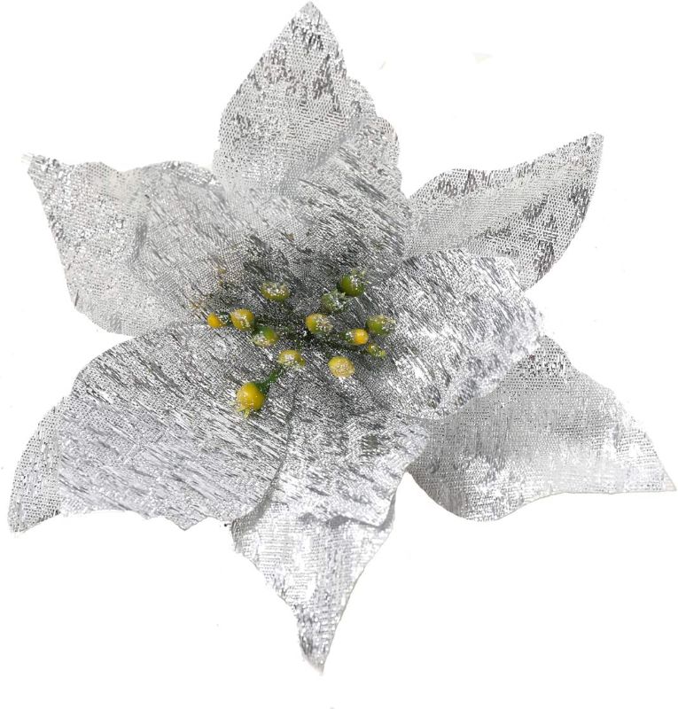 Photo 1 of 24 Pcs Silver Poinsettia Christmas Flowers, 5" Glitter Artificial Christmas Tree Flowers Ornaments, Xmas Tree Wreath Garland Poinsettia Decorations for Winter Holiday Party - Silver