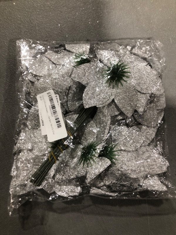 Photo 1 of 24 Pcs Silver Poinsettia Christmas Flowers, 5" Glitter Artificial Christmas Tree Flowers Ornaments, Xmas Tree Wreath Garland Poinsettia Decorations for Winter Holiday Party - Silver