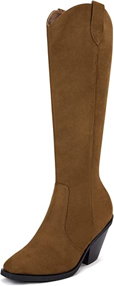 Photo 1 of [Size 8] LAICIGO Womens Knee High Boots Chunky Stacked Heel Faux Suede Square Toe Side Zipper Winter Boots - Dark Brown