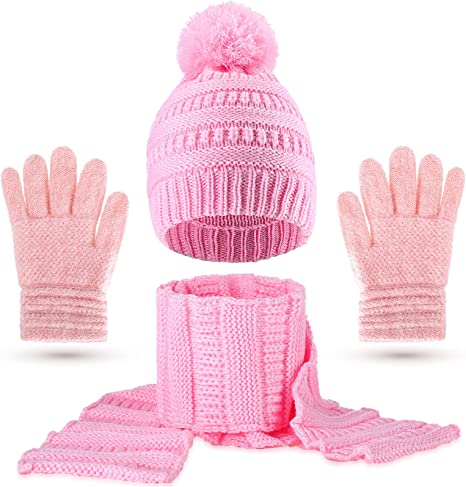 Photo 1 of 3 Pcs Hat and Gloves for Girls Kids Winter Hats and Gloves Sets Toddler Pink Hats Gloves Scarf Warm Beanie Accessories Home Outdoor Activities Snow Walking Sports 3-5 Year Old 