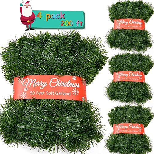 Photo 1 of 4 Pack 50 Feet Christmas Garland for Outdoor/Indoor Decoration, Soft Greenery Artificial Garland Decorations, Non-lit Green Xmas Garlands Perfect for Party Home Garden and Holiday Festival Decor