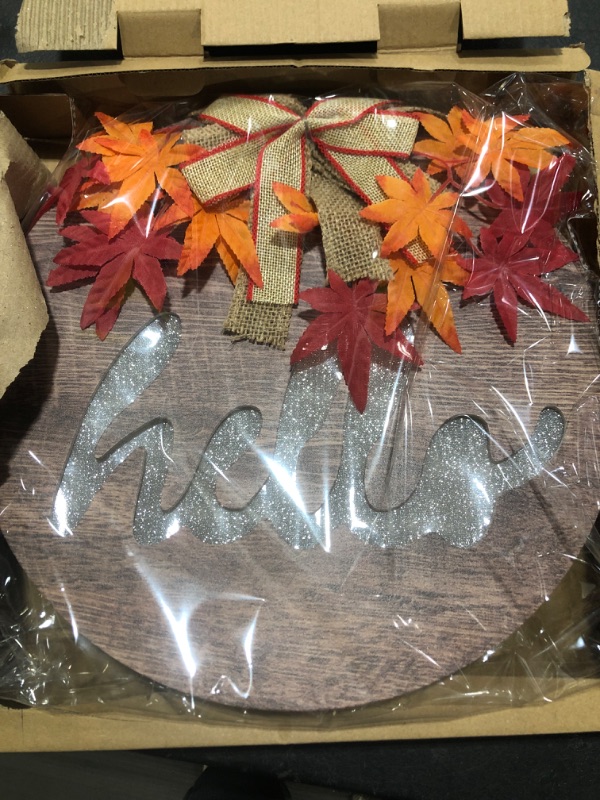 Photo 2 of [ Lighted & Timer ] Thanksgiving Fall Wreath for Front Door Decor Hello Sign Maple Leaves Battery Operated Wooden Hanging Sign Autumn Harvest Thanksgiving Indoor Outdoor Wall Home Decorations