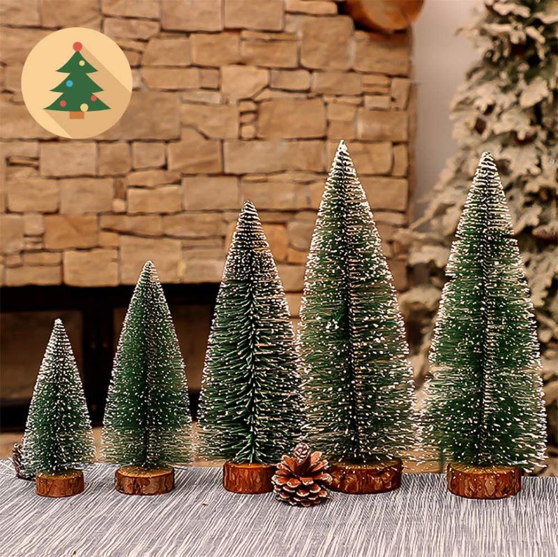 Photo 1 of Desktop Miniature Pine Tree 5 Pcs Christmas Trees with Wood Base Table Top Mini Sisal Trees Snow Frosted Trees Ideal for Christmas DIY Craft Party Decor