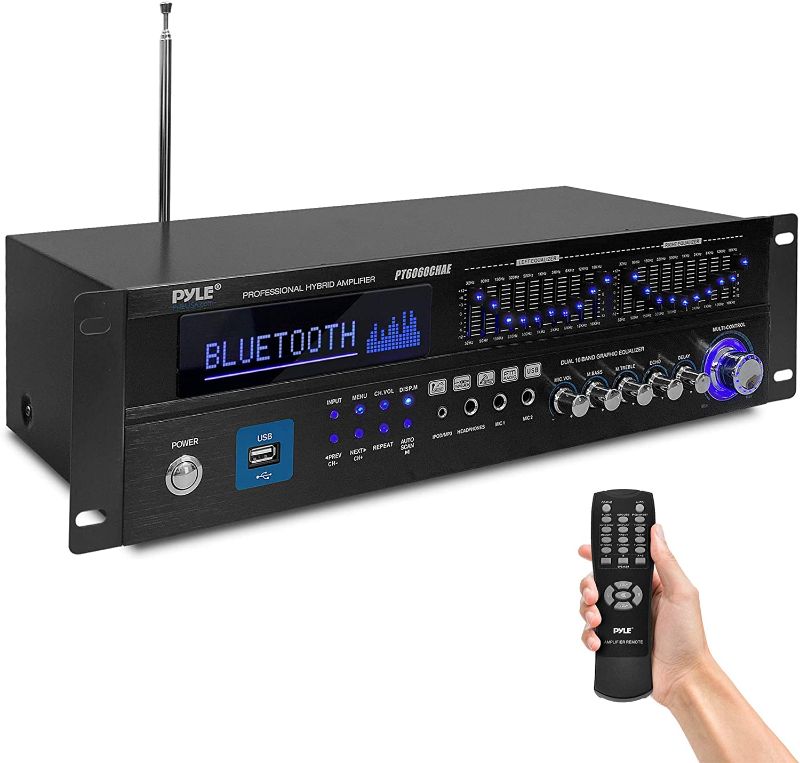 Photo 1 of 6-Channel Bluetooth Hybrid Home Amplifier - 2000W Home Audio Rack Mount Stereo Power Amplifier Receiver w/ Radio, USB/AUX/RCA/Mic, Optical/Coaxial, AC-3, DVD Inputs, Dual 10 Band EQ - Pyle PT6060CHAE