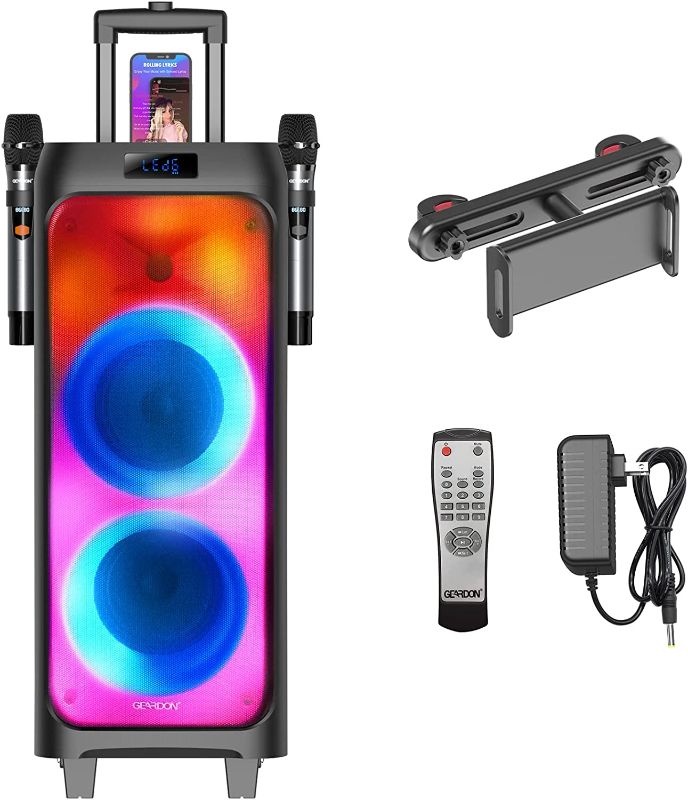 Photo 1 of GEARDON Karaoke Machine for Adults Kids, Dual 6.5" Subwoofer, Portable Outdoor Bluetooth Loud-Speaker w/ Wireless Microphones for Singing Party, Recording, DJ Lights, Tablet Holder, 2 Mics PA System
