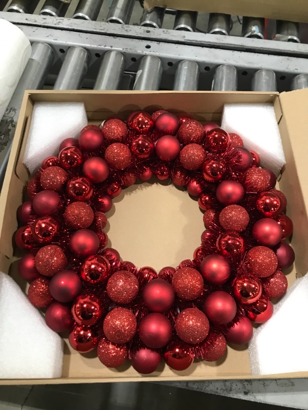 Photo 2 of 16 Inch Christmas Ball Wreath Home Party Decors Xmas Front Door Decorative Hanging Christmaswreaths Ball Ornaments Red
