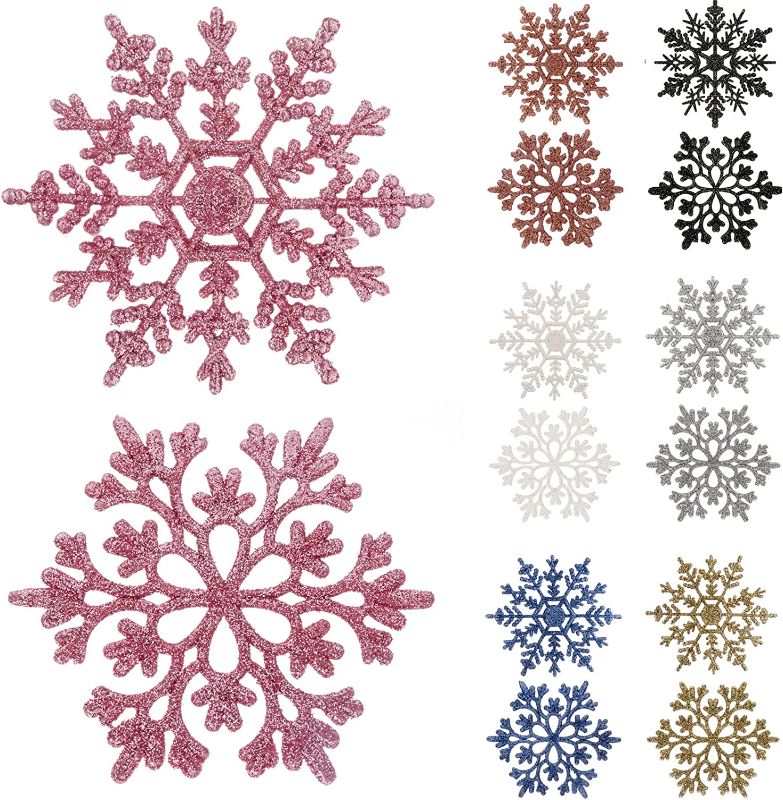 Photo 1 of 3.9"/38 Pieces Plastic Snowflake Ornaments Christmas Glitter Snowflakes Hanging Crafts for Christmas Tree Decorations (Pink01, 3.9in) 