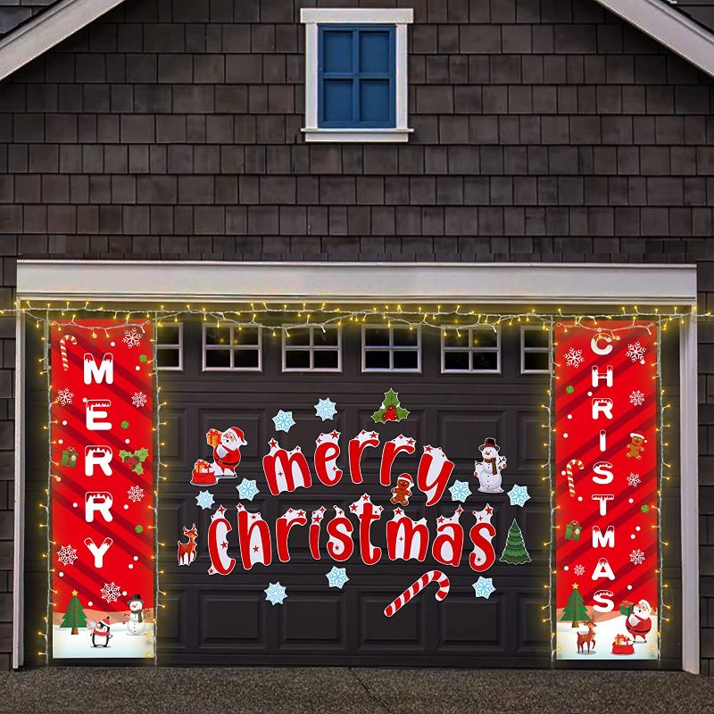 Photo 1 of 106 Pcs Christmas Garage Door Decorations Set Holiday Door Banner Sign with Light String Large 2022 Christmas Banner Decoration Merry Christmas Car Garage Hanging Banners 