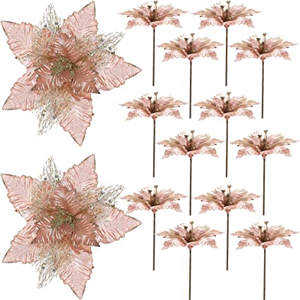 Photo 1 of 12 Pieces Large Christmas Tree Flowers Christmas Glitter Poinsettia Flowers Picks Champagne Artificial Decoration Flowers Xmas Tree Ornaments Flowers for Christmas Tree Decoration Holiday Party Decor
