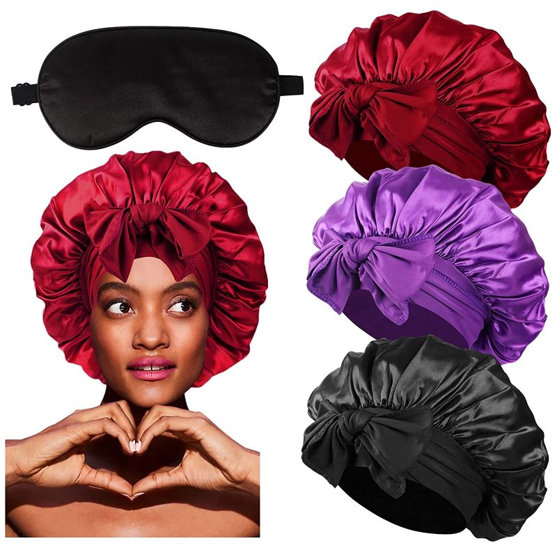 Photo 1 of 3+1 Extra Large Satin Bonnets for Sleeping,Satin Hair Bonnet with Tie Band-Hair Bonnet for Black Women Braids Curly Hair ,Silk Sleep Mask and Bonnet Set for Women,Bonnet Pack Gift,Set C