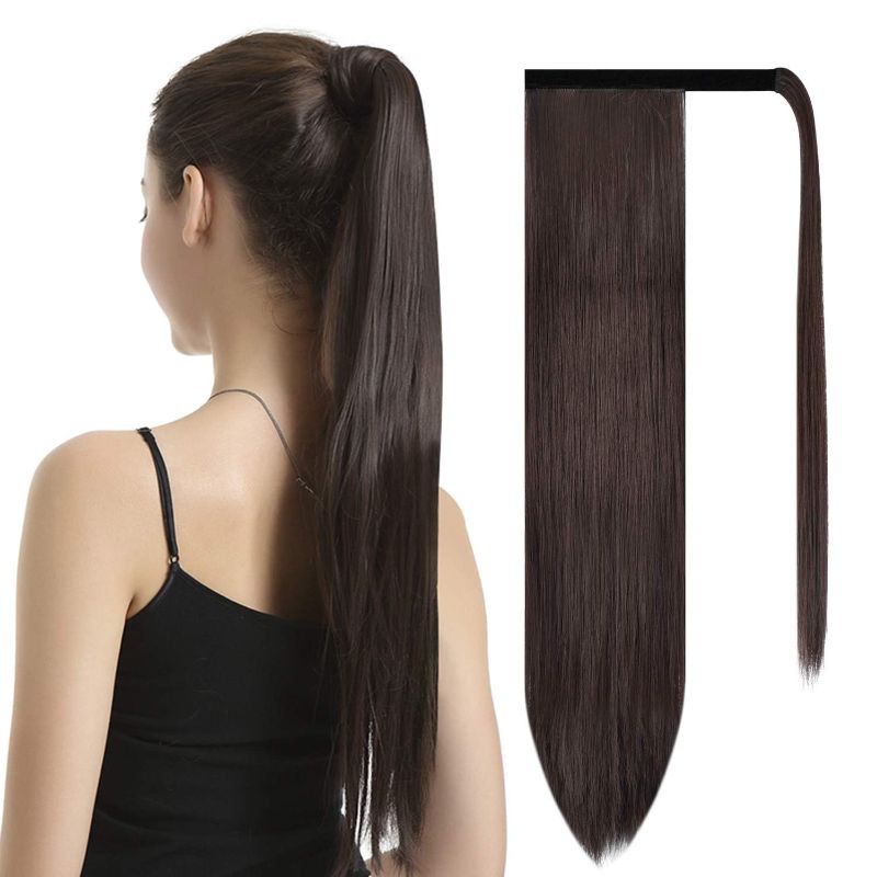 Photo 2 of 26 inch Ponytail Extension Long Straight Wrap Around Clip in Synthetic Fiber Hair for Women - Dark Brown 