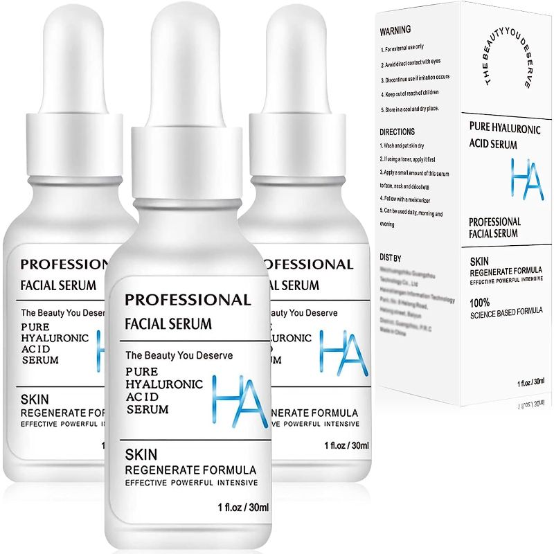 Photo 1 of 3 Pack Pure Hyaluronic Acid Serum for Face, Facial Moisturizer Skincare Fades Wrinkles Repair Brightening Firming Hydrating for Dry Skin (1Fl.Oz/30ml) 