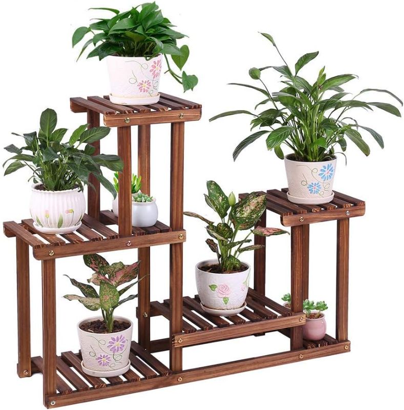 Photo 1 of  Pine Wood Plant Stand Indoor Outdoor Multi Layer Flower Shelf Rack Higher and Lower Plant Holder in Garden Balcony Patio Living Room (4 Tiers )