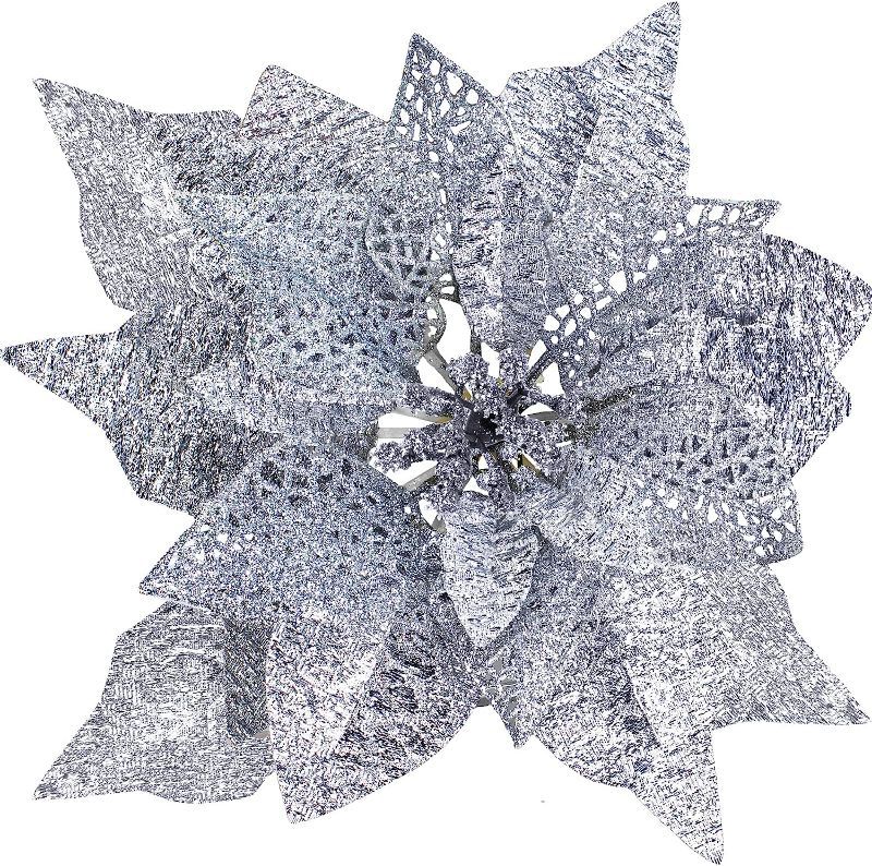 Photo 1 of 14 Set 8.7" Wide 4 Layers Christmas Silver Metallic Glitter Artificial Poinsettia