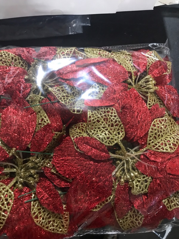 Photo 2 of 14 Set 8.7" Wide 4 Layers Christmas Red Metallic Glitter Artificial Poinsettia Flowers