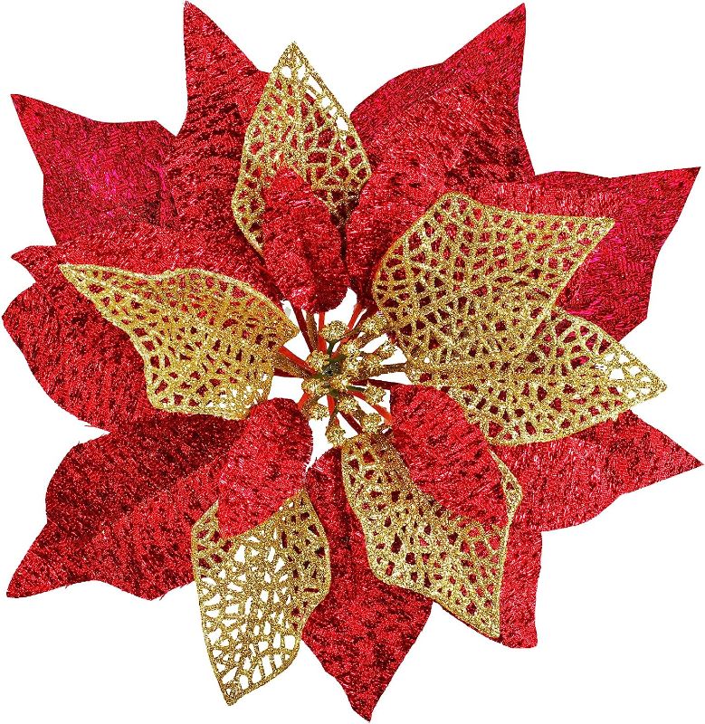 Photo 1 of 14 Set 8.7" Wide 4 Layers Christmas Red Metallic Glitter Artificial Poinsettia Flowers