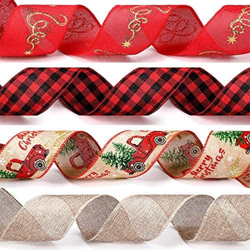 Photo 1 of 4 Rolls /20 Yards Christmas Ribbon Wired Plaid Buffalo Burlap Ribbon 