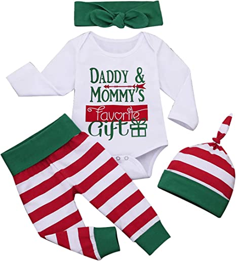 Photo 1 of Baby Boy Girl Daddy Mommy's Favorite Gift Christmas Clothes Romper+Pant+Headband+Hat Stripe Outfits Pajamas Set 