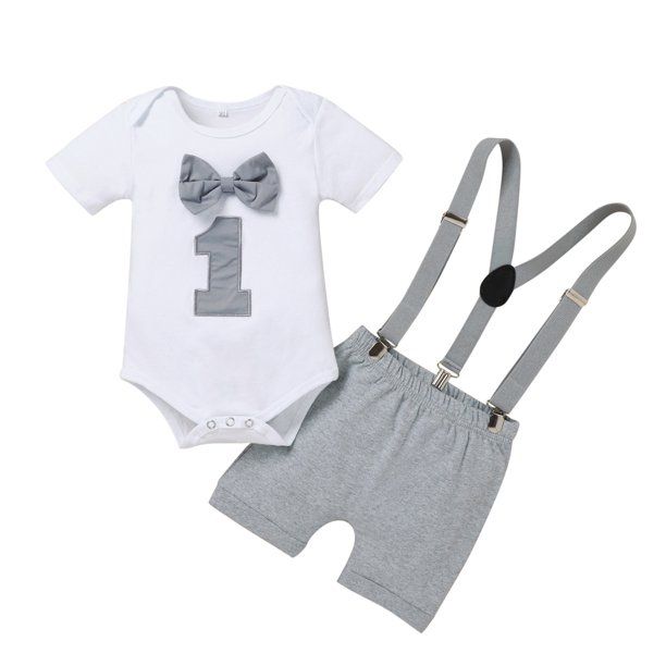 Photo 1 of [Size 9-12mo] Short Sleeve Bow Tie Romper Shorts Pants Set Suspenders Dress