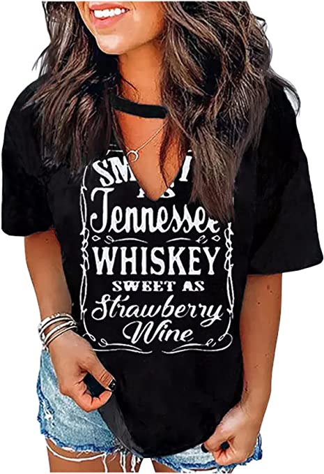 Photo 1 of [Size S] Smooth As Tennessee Whiskey & Sweet As Strawberry Wine Shirts Hollow Out V Neck T-Shirt Womens Keyhole Neck Country Tops
