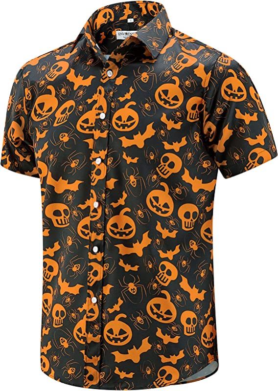Photo 1 of [Size M] ENVMENST Halloween Button Up Shirt for Men Fun Pumpkins Printed Casual Short Sleeve Hawaiian Aloha Shirts
