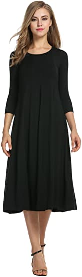 Photo 1 of [Size XL] Hotouch Women's 3/4 Sleeve A-line and Flare Midi Long Dress - Black