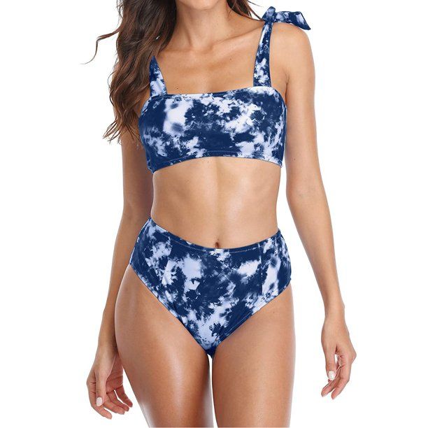 Photo 1 of [Size L] Womens Bikinis Tie Sexy High Waisted Tie Dye Full Coverage Swimsuit Blue