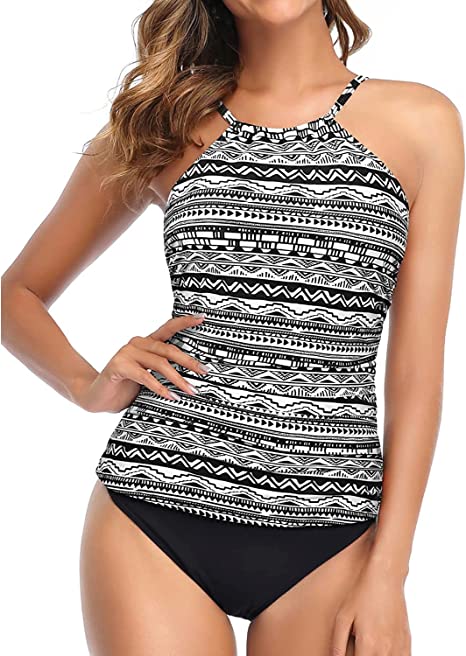 Photo 1 of [Size M] Tempt Me Two Piece Tankini Swimsuit for Women High Neck Ruched Tummy Control Top with Bottom Bathing Suits