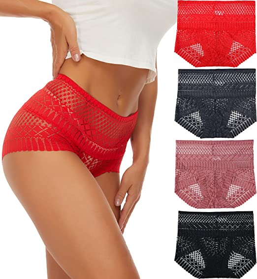 Photo 1 of [Size S] YINLANG Women's Lace Underwear High Waisted Sexy Boy Short Panties Hipster Briefs 4 Pack