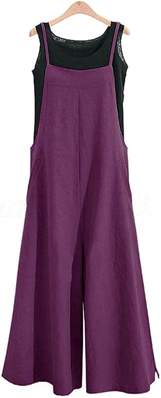 Photo 1 of [Size XL] YESNO Women Casual Loose Long Bib Pants Wide Leg Jumpsuits Baggy Cotton Rompers Overalls with Pockets PZZ
