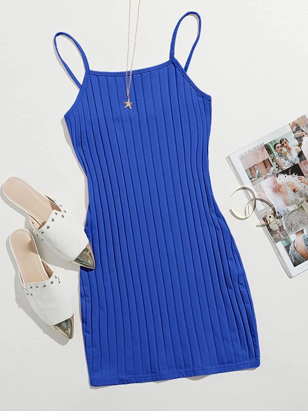 Photo 1 of [Size XS} FCHUI Women Dresses Ribbed Cami Bodycon Mini Dress (Color : Royal Blue, Size : Small)
