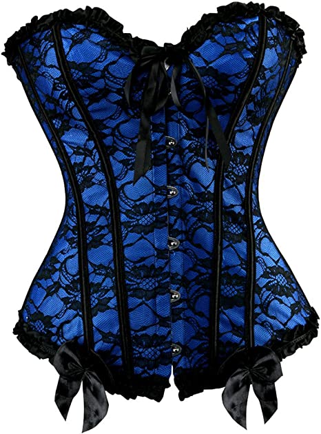 Photo 1 of [Size 7XL] Womens Floral Black Lace Trim Corset Overbust Waist Cincher Bustier Top- Blue