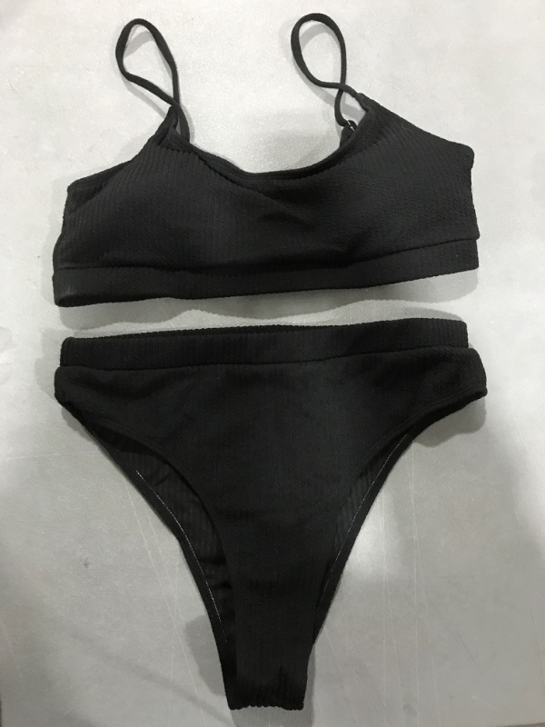Photo 2 of [Size L] Lilosy High Waisted Tummy Control Ribbed Bikini Crop Top Brazilian Swimsuit Set 2 Piece -Black