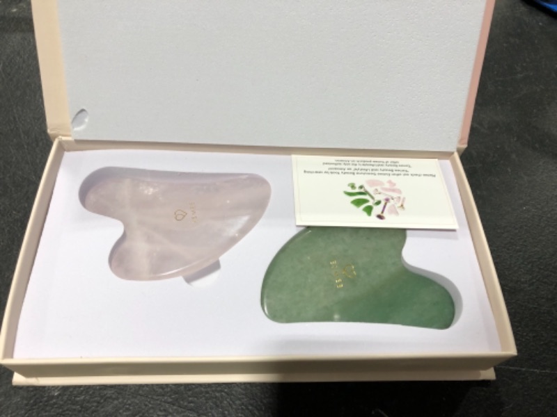 Photo 2 of  Premium 2-in-1 Jade & Rose Quartz Gua Sha Set - Lymphatic Drainage Scraping Massage Stone - Guasha Tool For Face - Facial Tools Sculpting Pack 