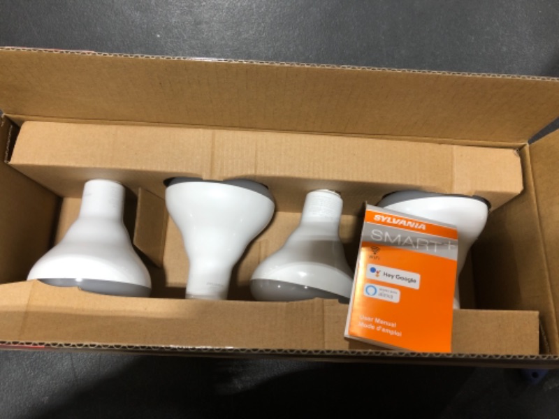 Photo 1 of SYLVANIA Wifi LED Smart Light Bulb, 65W Equivalent Dimmable Soft White BR30, Compatible with Alexa and Google Home Only - 4 Pack (75689) Wifi (BR30) Soft White