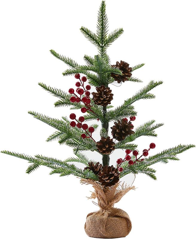 Photo 1 of 24" Spruce Artificial Christmas Tree in Burlap Base, Snow Flocked Mini Tabletop Christmas Tree, with Frost Pine Cones and Red Berries Decorations, Small Christmas Tree for Indoor Home Seasonal Decor 