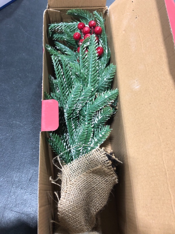 Photo 2 of 24" Spruce Artificial Christmas Tree in Burlap Base, Snow Flocked Mini Tabletop Christmas Tree, with Frost Pine Cones and Red Berries Decorations, Small Christmas Tree for Indoor Home Seasonal Decor 