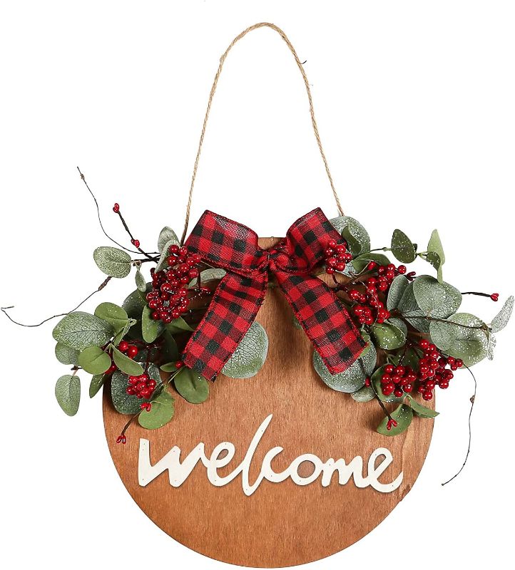Photo 1 of YNYLCHMX Seasonal Christmas Door Wreath Welcome Sign Front Door Rustic Round Wood Wreaths Wall Hanging Outdoor Farmhouse Porch 
